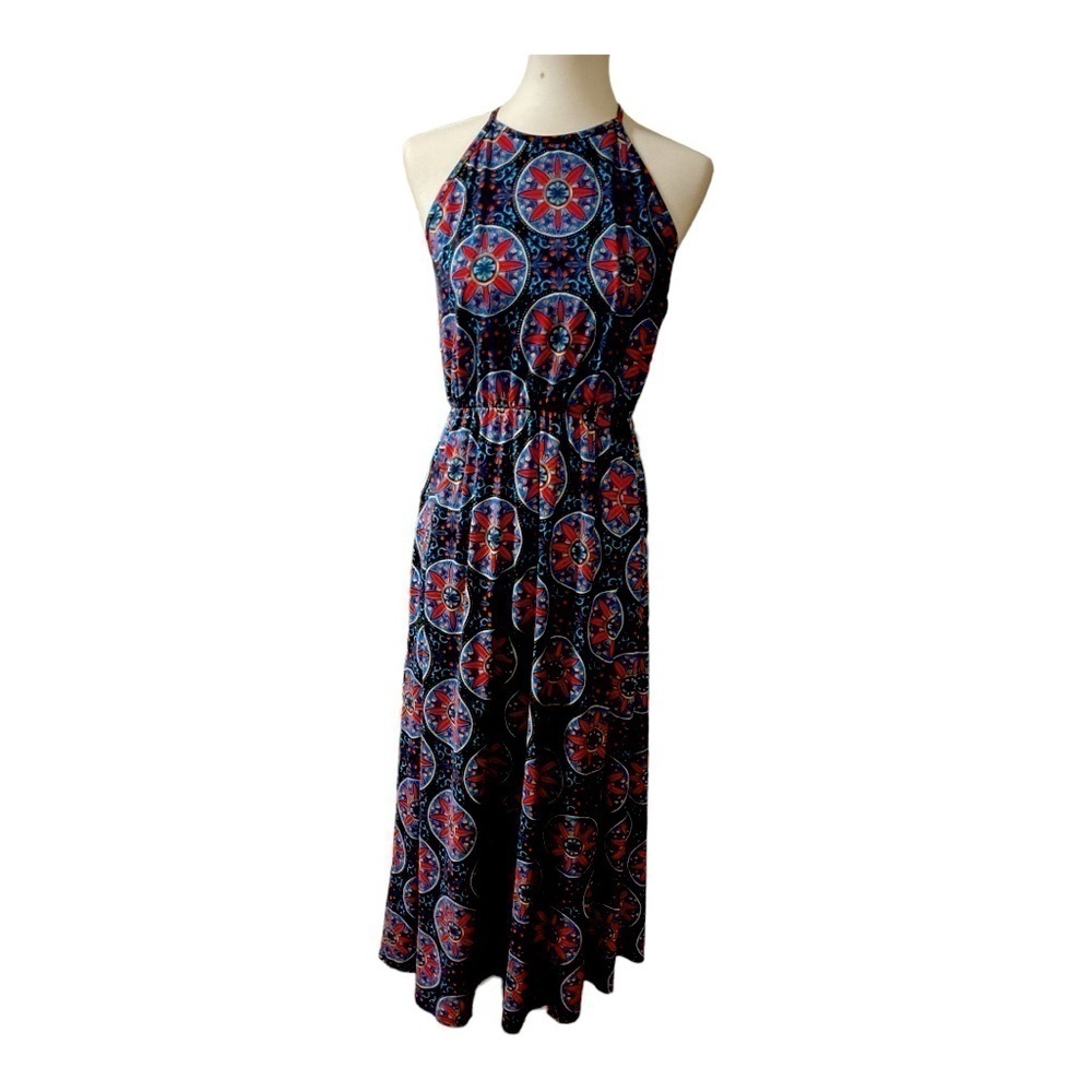 French Grey Graphic Print Knit Spaghetti Strap Maxi Dress